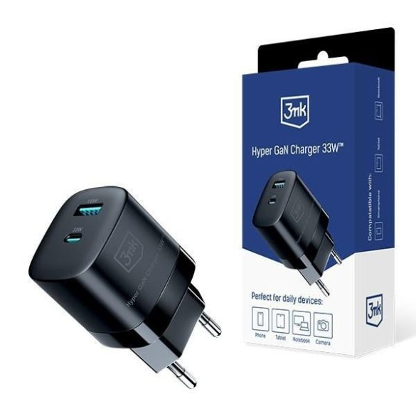 3mk HyperCharger GaN hálózati töltő 1xUSB-A és 1xUSB-C csatakozóval 33W fekete