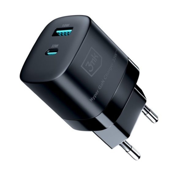 3mk HyperCharger GaN hálózati töltő 1xUSB-A és 1xUSB-C csatakozóval 33W fekete