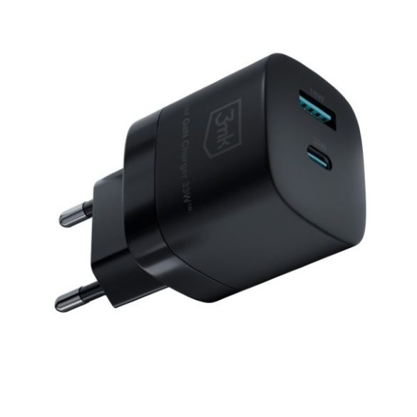 3mk HyperCharger GaN hálózati töltő 1xUSB-A és 1xUSB-C csatakozóval 33W fekete