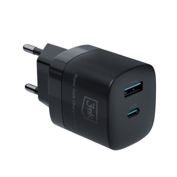 3mk HyperCharger GaN hálózati töltő 1xUSB-A és 1xUSB-C csatakozóval 33W fekete