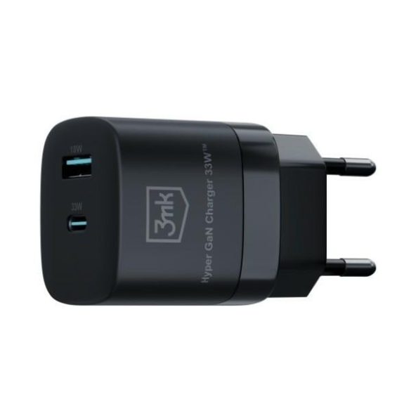 3mk HyperCharger GaN hálózati töltő 1xUSB-A és 1xUSB-C csatakozóval 33W fekete