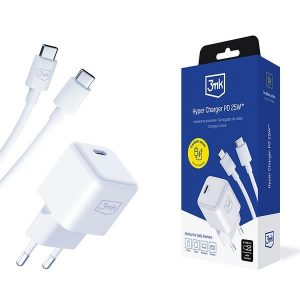 3mk Hyper Charger hálózati töltő 1x USB-C csatlakozással és Type-C - Type-C kábellel PD 25W - fehér