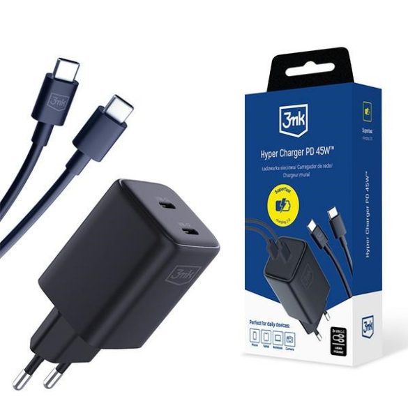 3mk Hyper Charger hálózati töltő 2x USB-C csatlakozással és Type-C - Type-C kábellel PD 45W - fekete