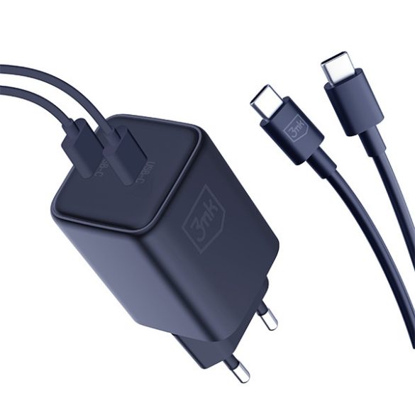 3mk Hyper Charger hálózati töltő 2x USB-C csatlakozással és Type-C - Type-C kábellel PD 45W - fekete