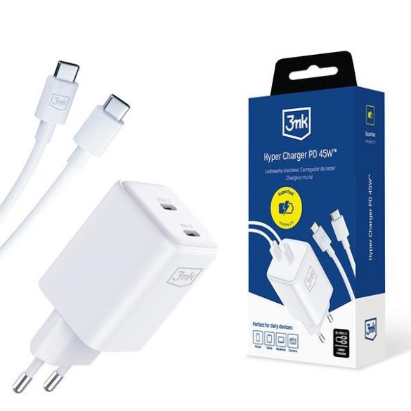 3mk Hyper Charger hálózati töltő 2x USB-C csatlakozással és Type-C - Type-C kábellel PD 45W - fehér