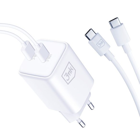 3mk Hyper Charger hálózati töltő 2x USB-C csatlakozással és Type-C - Type-C kábellel PD 45W - fehér