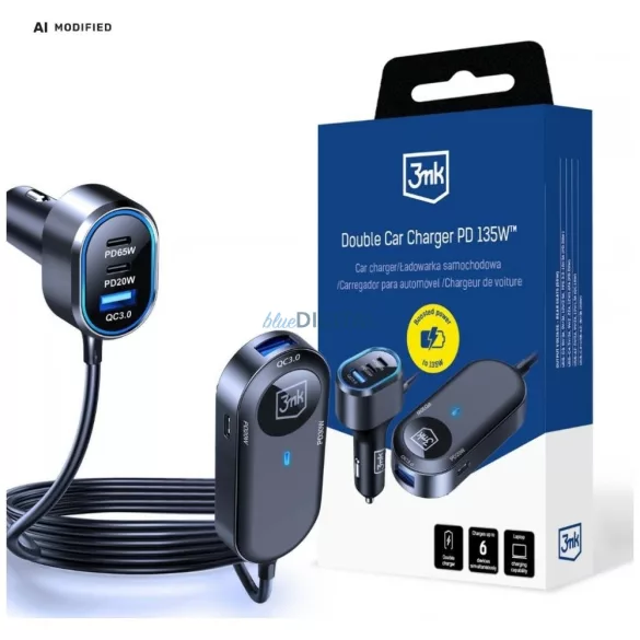 3MK dupla autós töltő 135W PD QC PPS 2xUSB-A 4xUSB-C - szürke
