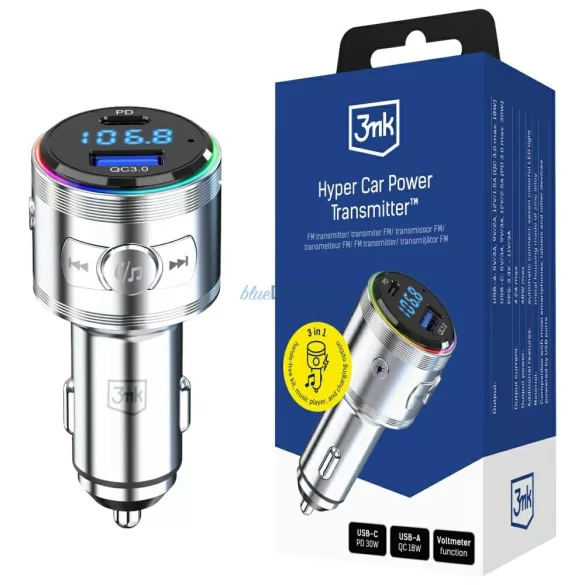3MK Hyper autós töltő-adó 48W QC PD PPS USB-C/USB-A audio-adóval - ezüst