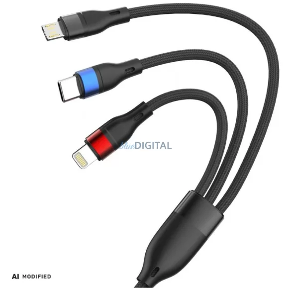 3MK Hyper Cable N-SERIES 3az1-ben USB-A - USB-C/MicroUSB/Lightning kábel QC 3.0 1.2m - fekete