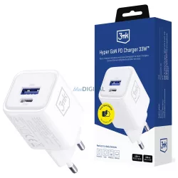   3MK Hyper Charger PD 33W GaN QC4+ PPS AFC FCP SCP USB-A + USB-C fali töltő - fehér