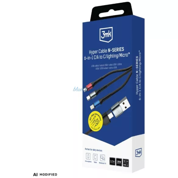 3MK Hyper Cable N-SERIES 6az1-ben USB-C/A - USB-C/MicroUSB/Lightning kábel 1.2m QC 3 - fekete
