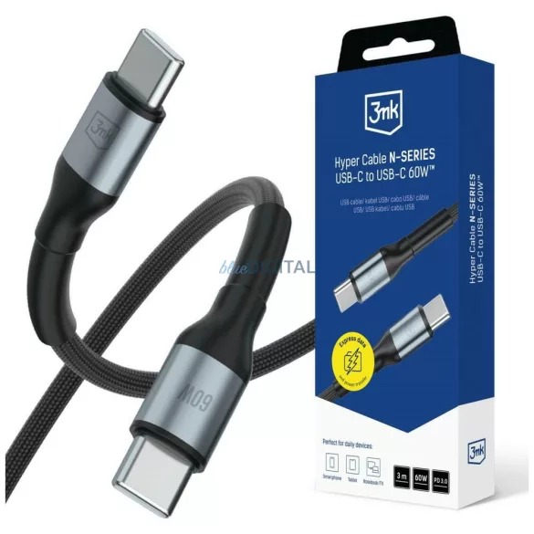 3MK Hyper Cable N-SERIES USB-C - USB-C kábel 3m PD 3.0 QC 3.0 20V/3A 60W - fekete