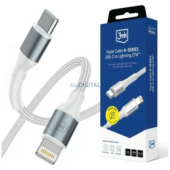 3MK Hyper Cable N-SERIES USB-C - Lightning kábel 3m PD 3.0 9V/3A 27W - fehér