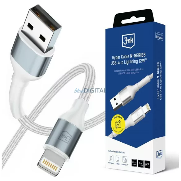 3MK Hyper Cable N-SERIES USB-A - Lightning kábel 1m QC 3.0 5V/2.4A 12W - fehér