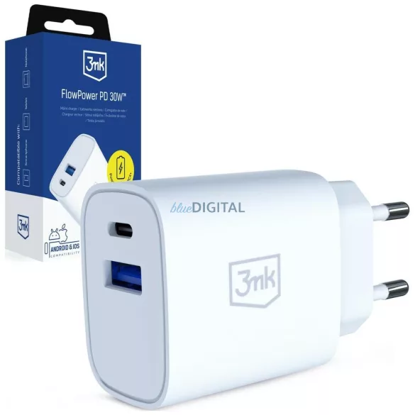 3MK FlowPower fali töltő USB-A + USB-C 30W PD 3.0 QC4+ - fehér
