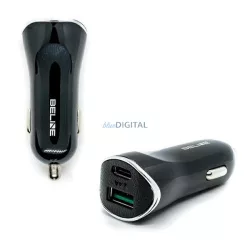   Beline autós töltő 1xUSB-A és 1xUSB-C csatlakozóval 5A 30W fekete