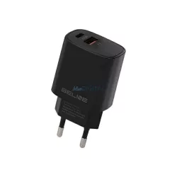   Beline töltő 1x USB-C + 1x USB 20 W, fekete (csak a fej) PD 3.0 + QC 3.0 BLN2CB20