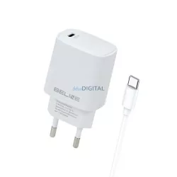   Beline töltő 1x USB-C 20 W + USB-C kábel, fehér / fehér, PD 3.0 BLNCW20C