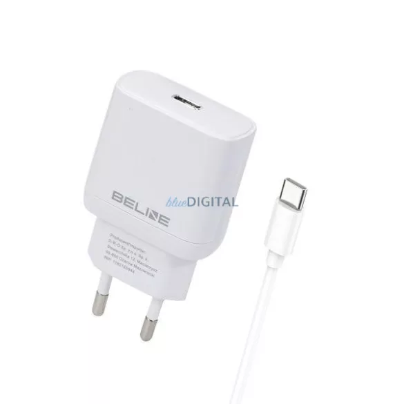 Beline töltő 1x USB-C 25 W + USB-C kábel, fehér / fehér, PD 3.0, BLNCW25C, GaN