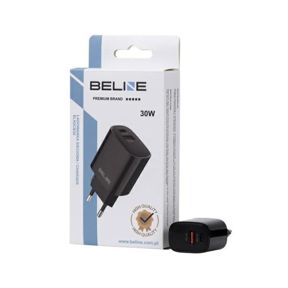 Beline BLN2CB30 hálózati töltő 1xUSB-A és 1xUSB-C csatlakozóval 30W GaN fekete