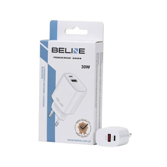 Beline BLN2CW30 hálózati töltő 1xUSB-A és 1xUSB-C csatlakozóval 30W GaN fehér