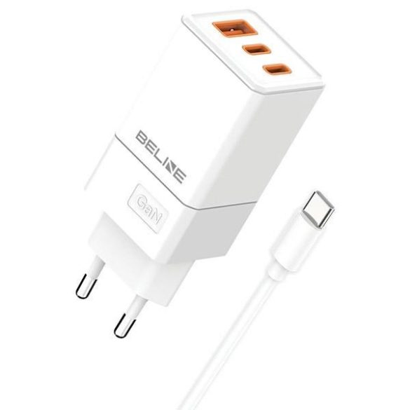 Beline BLN3CW65C hálózati töltő 1xUSB-A és 2xUSB-C csatlakozóval és Type-C kábellel 65W GaN fehér