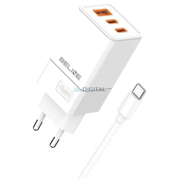 Beline töltő 2x USB-C + 1x USB 65 W + USB-C kábel, fehér/fehér, PD 3.0 + QC 3.0, BLN3CW65C, GaN