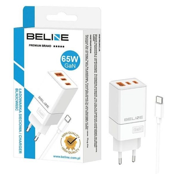 Beline BLN3CW65C hálózati töltő 1xUSB-A és 2xUSB-C csatlakozóval és Type-C kábellel 65W GaN fehér