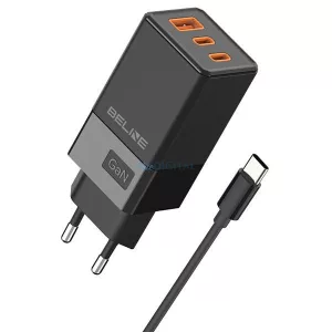 Beline töltő 2x USB-C + 1x USB 65 W + USB-C kábel, fekete, PD 3.0 + QC 3.0, BLN3CB65C, GaN