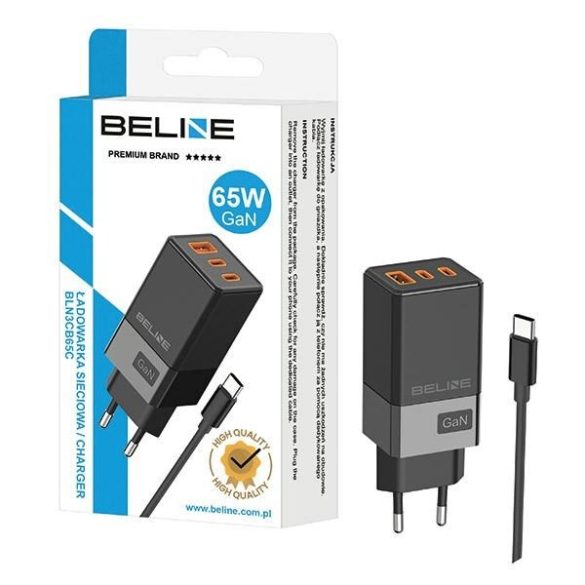 Beline BLN3CB65C hálózati töltő 1xUSB-A és 2xUSB-C csatlakozóval és Type-C kábellel 65W GaN fekete