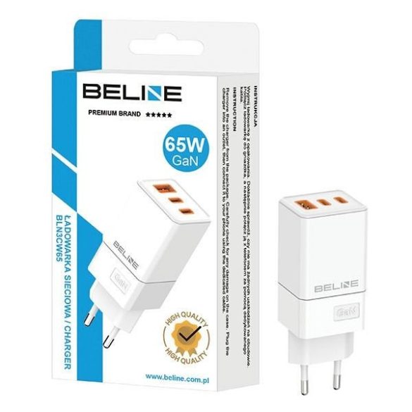 Beline BLN3CW65 hálózati töltő 1xUSB-A és 2xUSB-C csatlakozóval 65W GaN fehér