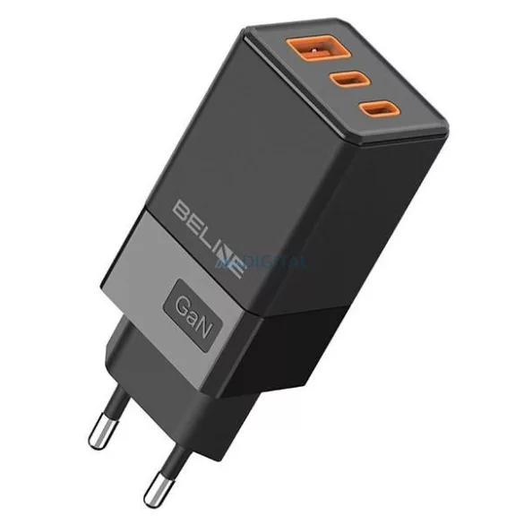 Beline Ład. hálózat. 2x USB-C + 1x USB 65 W, fekete (csak a fejrész) PD 3.0 + QC 3.0 BLN3CB65 GaN