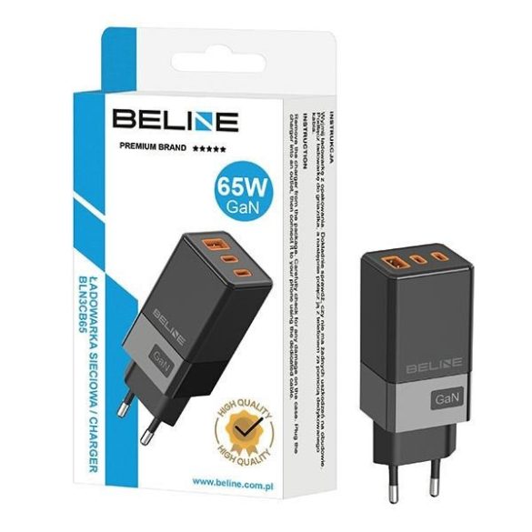 Beline BLN3CB65 hálózati töltő 1xUSB-A és 2xUSB-C csatlakozóval 65W GaN fekete