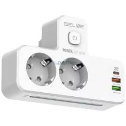   Beline elosztó LED háttérvilágítással 2xUSB-A/USB-C/2xAC - fehér