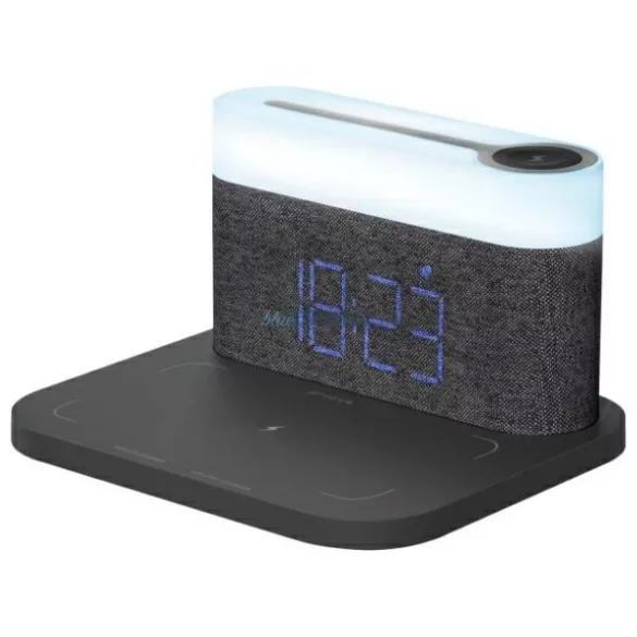 Proove Day & Night 3az1-ben éjjeli lámpa + ébresztőóra LED 1200mAh 3W, 15W indukciós töltés - sötétszürke