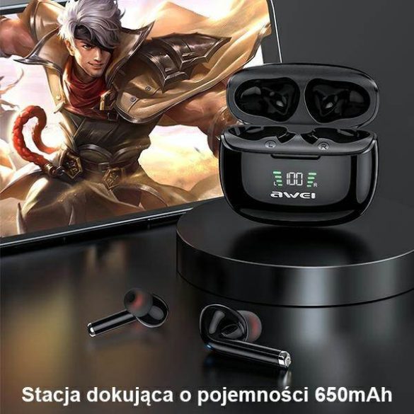 AWEI sport fejhallgató Bluetooth 5.2 TA8 TWS + dokkolóállomás fekete