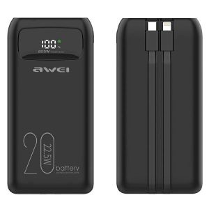 AWEI PowerBank P169K 20000mAh 22.5W fekete kijelző + kable PD/Lightning