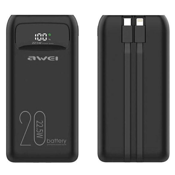 AWEI PowerBank P169K 20000mAh 22.5W fekete kijelző + kable PD/Lightning