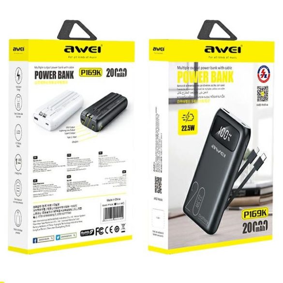 AWEI PowerBank P169K 20000mAh 22.5W fekete kijelző + kable PD/Lightning