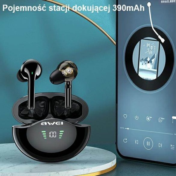 AWEI Bluetooth fülhallgató 5.3 T12P TWS + dokkolóállomás fekete