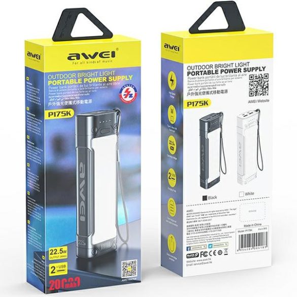 AWEI PowerBank P175K 20000mAh 22.5W fekete 2xUSB/PD + LED lámpa