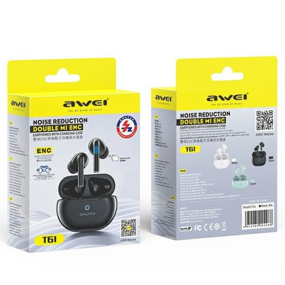 AWEI fülhallgató Bluetooth 5.3 T61 TWS + dokkoló állomás fekete
