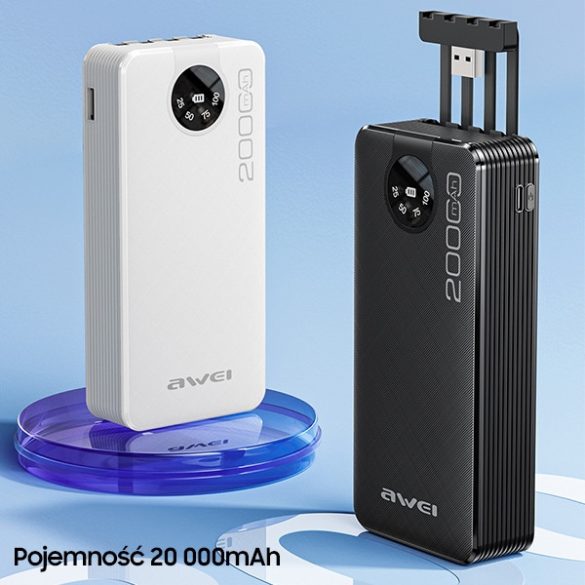 AWEI PowerBank P134K 20000mAh fekete kijelző + kable USB/PD/Lightning/MicroUSB