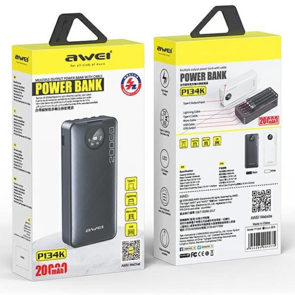 AWEI PowerBank P134K 20000mAh fekete kijelző + kable USB/PD/Lightning/MicroUSB