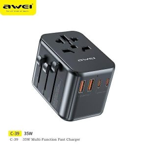 Awei töltő. 2xUSB+3xUSB-C C-39 35W 4 az 1-ben USA/AU/EU/UK adapter fekete Univesal Travel GaN töltő