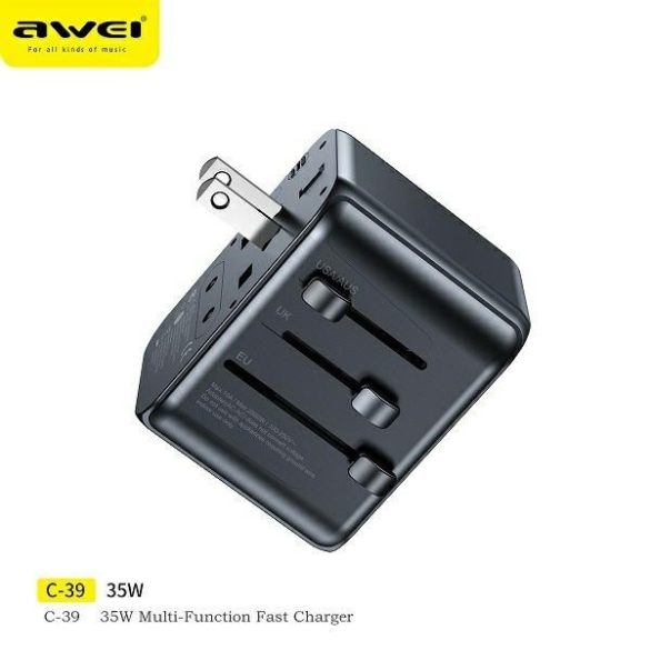 Awei töltő. 2xUSB+3xUSB-C C-39 35W 4 az 1-ben USA/AU/EU/UK adapter fekete Univesal Travel GaN töltő