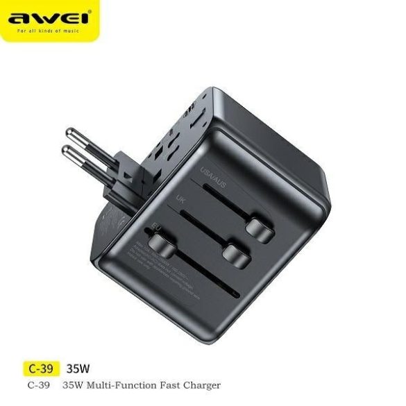 Awei töltő. 2xUSB+3xUSB-C C-39 35W 4 az 1-ben USA/AU/EU/UK adapter fekete Univesal Travel GaN töltő