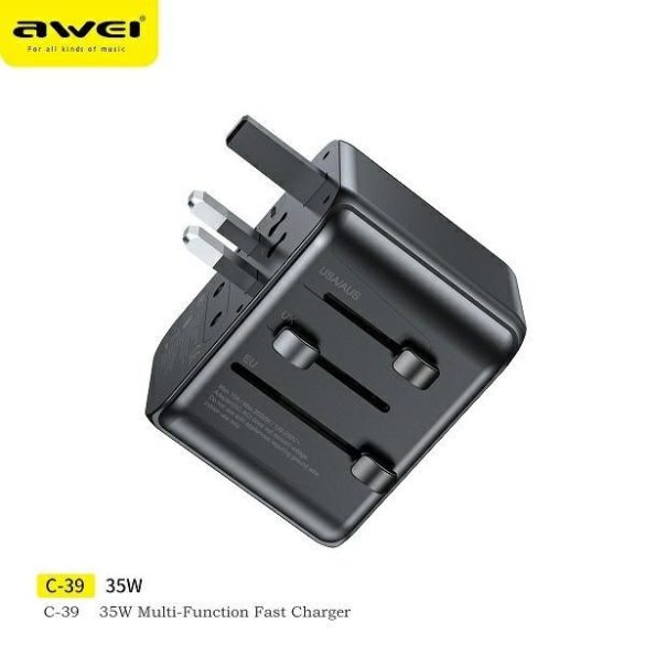 Awei töltő. 2xUSB+3xUSB-C C-39 35W 4 az 1-ben USA/AU/EU/UK adapter fekete Univesal Travel GaN töltő