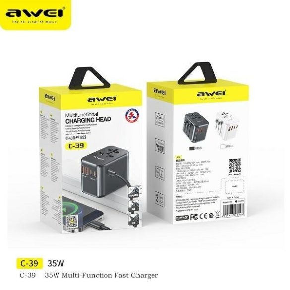 Awei töltő. 2xUSB+3xUSB-C C-39 35W 4 az 1-ben USA/AU/EU/UK adapter fekete Univesal Travel GaN töltő