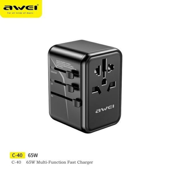 Awei töltő. 2xUSB+3xUSB-C C-40 65W 4 az 1-ben USA/AU/EU/UK adapter fekete Univesal Travel GaN töltő